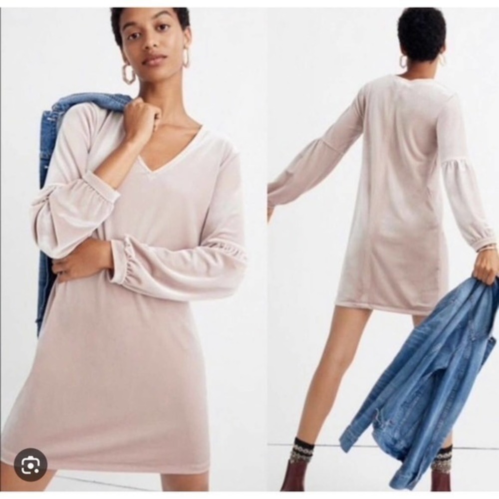 Madewell L Velvet balloon long sleeve Shift Dress Pink Blush...